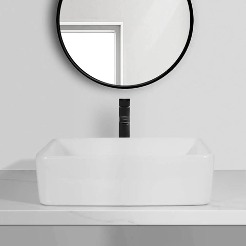 USZWBY Vessel Sinks Bathroom Vessel Sink Hotel Apartment Square Ceramic Wash Basin Home Art Table Bathroom Bowl Sink with black faucet and round mirror.