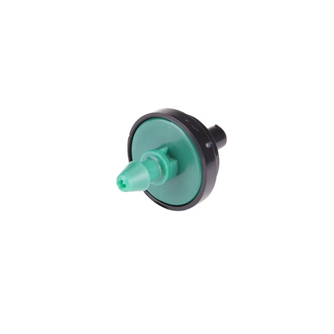 Close-up of green 2 GPH pressure compensating dripper from 50 pack for drip irrigation systems