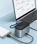 13 In 1 Usb C Docking Hub For Laptop With Hdmi 4K Video Gigabit Ethernet Port Ngff Storage Slot Pcie Adapter connected to laptop and external drive.
