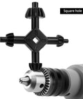 Four In One Drill Chuck Key Set With Quick Swap Wrench For Electric Drills Set Includes Three Eighths Half Three Quarters And Full Size Built Legit For Daily Grind Sessions. Close-up of black drill chuck key against a silver drill chuck.
