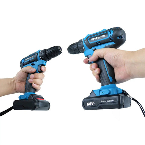 The 21V Cordless Power Drill Kit Is A Solid Heavy Lifter Featuring Brushless Motor 2 Speed Settings For Hassle Free Metal And Concrete Jobs Powered By A Rechargeable Battery That Handles Everything, shown in hands.