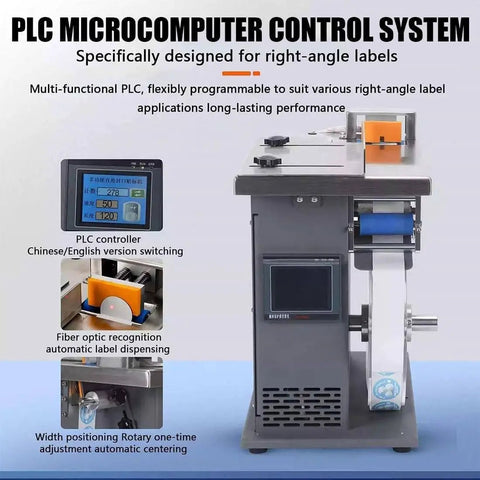 High Speed Semi Automatic Right Angle Corner Labeling Machine, Digital Plc Touch Screen Operated, control panel and label feed system.