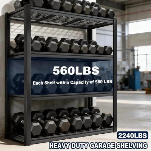 Beefy 4 Tier Heavy Duty Metal Storage Shelving Unit With 2240 Lbs Total Load Capacity showing weight capacity label
