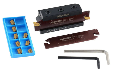 Three Quarters Inch Self Lock Block 2410-0013 With Five GTN-3 Carbide Inserts And Five GTN-4 Carbide Inserts Plus NCIH26-3 And NCIH26-4 Blades Beefed-Up Precision Ground Set For Milling And Machining Applications