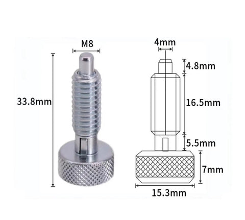 Dead Nuts Accurate M8 Self Locking Locating Pin With Spring Plunger And No Nut Electrogalvanized Alignment Dowel side view with dimensions