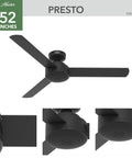 52 Inch Indoor Ceiling Fan No Light Matte Black With 3 Blades, Standard Mount, Quiet Airflow, Wall Control, Great For Bedroom Living Room Or Kitchen, Sleek Modern Style, Presto 50810
