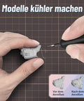 Hardcore Model Scribing Chisel Featuring Fire Sharp Tungsten Steel 0.15mm Blade used for detailing a plastic model in hand.