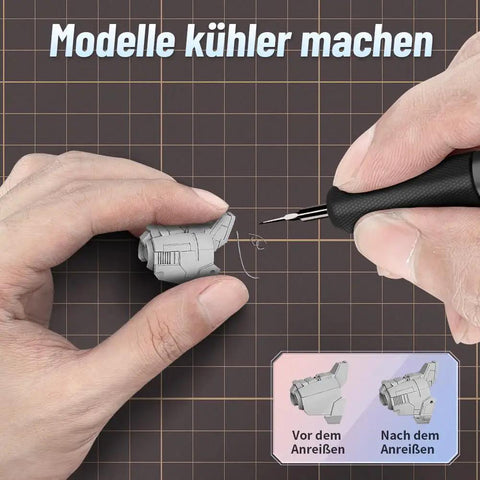 Hardcore Model Scribing Chisel Featuring Fire Sharp Tungsten Steel 0.15mm Blade used for detailing a plastic model in hand.