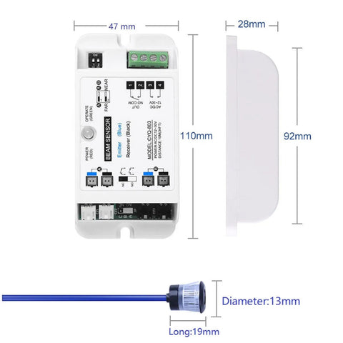 Infrared Safety Beam Sensor for Automatic Sliding Doors, High Sensitivity Anti Clip Device, ABS construction, with measurements