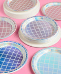 Disco Ball Paper Plates 25 Pack Nine Inch Iridescent Mirror Finish Party Dinnerware on pink surface
