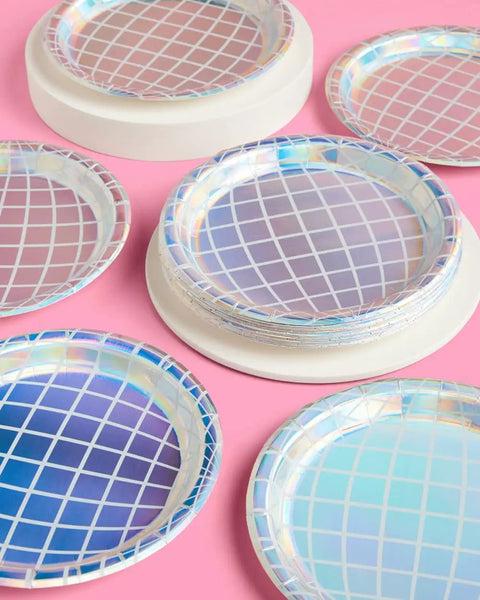 Disco Ball Paper Plates 25 Pack Nine Inch Iridescent Mirror Finish Party Dinnerware on pink surface