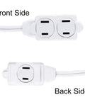 Front and back views of Three Outlet Indoor Extension Cord With Twelve Foot Reach 16 Gauge Power Strip Two Prong Safety Covers
