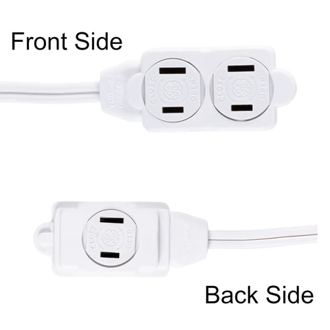 Front and back views of Three Outlet Indoor Extension Cord With Twelve Foot Reach 16 Gauge Power Strip Two Prong Safety Covers