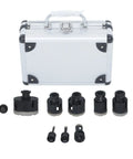 Ultimate 9 Piece Diamond Hole Saw Set For Cutting Ceramic And Marble Tiles, M14 Thread, Ranging From Tiny 6mm Up To Big 68mm Gaps, Perfect Pros Need It This Badass Kit Gets The Job Done Fast. Silver case with diamond hole saw bits and M14 shanks