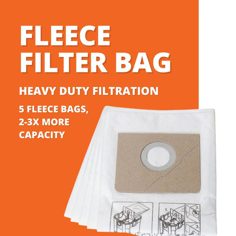 Tear-Resistant Fleece Filter Bags Pro Grade Extended Capacity For Heavy Dust And Fine Filtration, 5-pack shown with instructions.