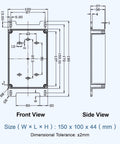 Technical drawing of IP65 Waterproof ABS Plastic Electrical Junction Box with Clear Cover showing dimensions and external fixing ears.