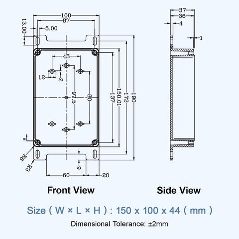 Technical drawing of IP65 Waterproof ABS Plastic Electrical Junction Box with Clear Cover showing dimensions and external fixing ears.
