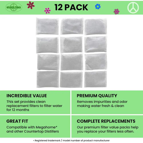 Activated Charcoal Water Filter Replacements For Countertop Distillers Pack Of 12 Made In USA Great For Megahome And Other Distillers Odor Elimination And Pure Water With Coconut Shell Carbon