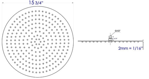 Technical diagram of 16 Inch Solid Round Ultra Thin Rain Shower Head in Polished Stainless Steel With Swivel Adapter, dimensions shown.