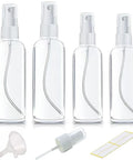 Must Have Travel Spray Bottle Set Clear Plastic Four Pack With Two 1oz And Two 1.7oz Bottles Plus Extra Nozzle Funnel And Labels