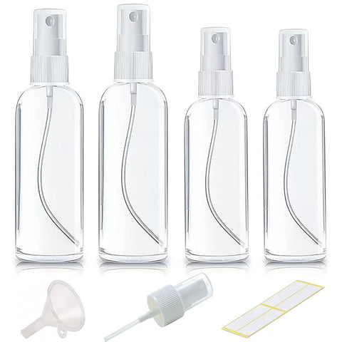 Must Have Travel Spray Bottle Set Clear Plastic Four Pack With Two 1oz And Two 1.7oz Bottles Plus Extra Nozzle Funnel And Labels