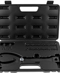 Jiimee 15-piece pulley holder tool kit in a black case with a curved pulley puller and pin set for camshaft pulleys