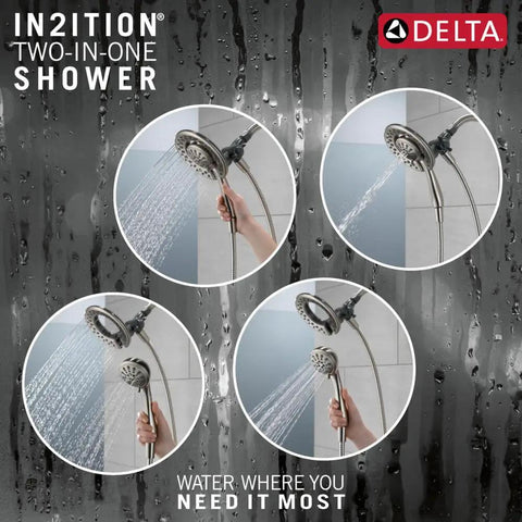 4-Setting In2ition 2-In-1 Dual Shower Head With Handheld Sprayer Brushed Nickel Detachable Shower Head displaying water flow