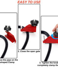 Four Piece Hose Pinch Off Pliers Set In Carbon Steel For Automotive Fuel Lines And Cooling System Hoses Including Three Eighths Inch One Half Inch One Inch And One And Three Quarters Inch Non Damaging Line Clamp Pliers Tool Kit For Safe DIY And shown clamping a hose in three steps.