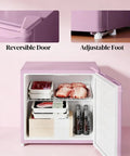 Slick Compact Upright Freezer Featuring Adjustable Temperature Settings Removable Shelf Reversible Door For Tight Kitchens Hella Tough Steel Frame With Fun Ice Cube Making Gear For Busy Households with interior view and reversible door.
