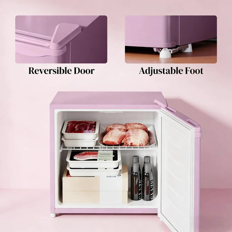 Slick Compact Upright Freezer Featuring Adjustable Temperature Settings Removable Shelf Reversible Door For Tight Kitchens Hella Tough Steel Frame With Fun Ice Cube Making Gear For Busy Households with interior view and reversible door.