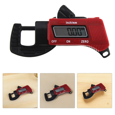 Two Pack Digital Thickness Gauge Caliper Micrometer For Precise Measurement Of Metal And Plastic Thickness Portable Easy Readout On The Go Industrial Automotive Grade Tool Set, red digital gauge with LCD display.