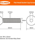 Diagram of 4mm X 16mm Flat Head Hex Socket Cap Screws Pro Grade 0.7mm Pitch 10.9 Alloy Steel Black Oxide with dimensions