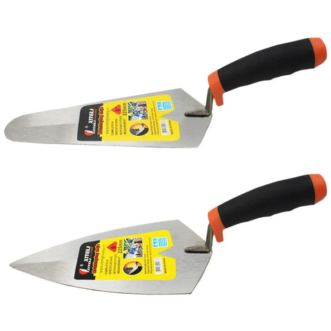 Two Piece Pointing And Gauging Trowel Set Pro Grade 9 Inch Masonry Hand Tools with Soft Grip Handles, carbon steel blades visible