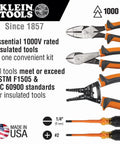 Pro Grade 1000V Insulated Screwdriver Set With Pliers And Wire Stripper Includes Number 2 Phillips And Quarter Inch Cabinet Slim Tips Two Insulated Pliers Made In USA Meets ASTM F1505 And IEC 60900 For Safe DIY Electrical Work, shown with orange handles and American flag logo.