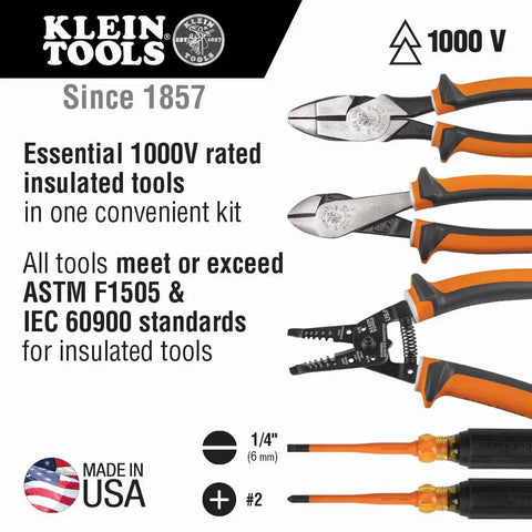 Pro Grade 1000V Insulated Screwdriver Set With Pliers And Wire Stripper Includes Number 2 Phillips And Quarter Inch Cabinet Slim Tips Two Insulated Pliers Made In USA Meets ASTM F1505 And IEC 60900 For Safe DIY Electrical Work, shown with orange handles and American flag logo.