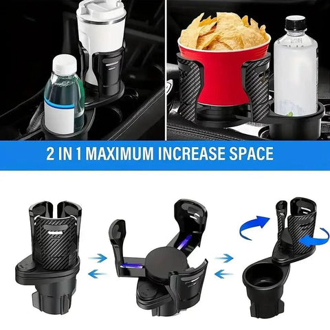 Slick 2 In 1 Center Console Cup Holder For Rivian R1S And R2 with adjustable sections holding drink containers and snacks.