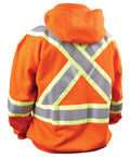 Back view of Full Zip Flame Resistant Hoodie Sweatshirt In Safety Orange, 12 Oz FR Cotton Knit Fleece, Removable Hood, reflective stripes