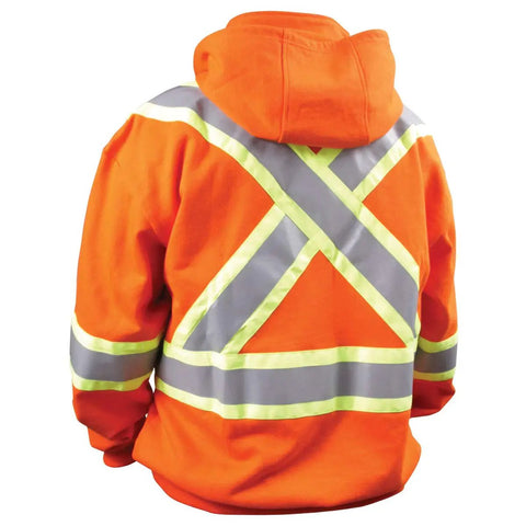 Back view of Full Zip Flame Resistant Hoodie Sweatshirt In Safety Orange, 12 Oz FR Cotton Knit Fleece, Removable Hood, reflective stripes