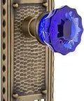 Vintage Craftsman Plate Door Knob Set with Crystal Cobalt Glass Knobs in Antique Brass, 2 3/8 Inch Backset, Passage Hardware for Closets