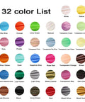 Awesome 32 Colors 3D Pen PLA Filament Refills Pack color chart showing various solid, metallic, and transparent options for crafting.