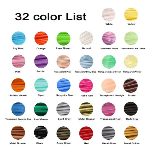 Awesome 32 Colors 3D Pen PLA Filament Refills Pack color chart showing various solid, metallic, and transparent options for crafting.