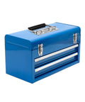 Blue toolbox with stainless steel spring-loaded case handle, rubber grip. Ideal for cabinets, wardrobes, drawers, garage storage.