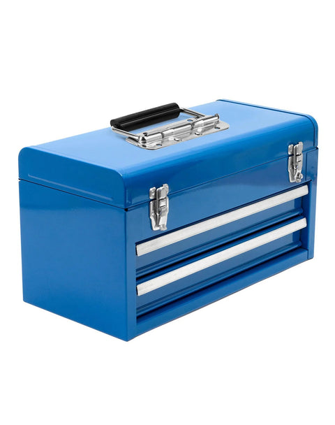 Blue toolbox with stainless steel spring-loaded case handle, rubber grip. Ideal for cabinets, wardrobes, drawers, garage storage.