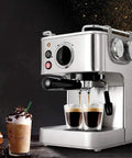Semi Automatic Espresso Machine With 19 Bar Pressure Dual Temperature Control Steam Milk Frother Front Loading Coffee Maker Retro Stainless Steel Design 220V Home Coffee Brewer, shown in use brewing coffee