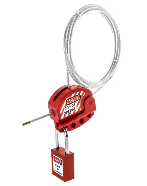Alt Tag: Lockout Tagout Cable Lock Eight Pack Adjustable Steel Vinyl Coated Cable Lockout Three Sixteenth Inch Diameter Five Point Nine Foot Length Red Heavy Duty Safety Gear For Lockout Procedures Worksite Ready Must Have