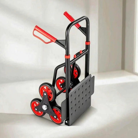 Foldable Stair Climbing Hand Truck With Six Wheel Set For Couriers And Storage Rooms Durable Carbon Steel Frame Compact Fold On The Go Portable Transport Cart For Steps And Curbs Easy Storage And Heavy Duty Hauling, red carbon steel stair hand truck folded side view
