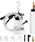 Pro Grade Pneumatic Brake Bleeder Kit For Cars Trucks And Motorcycles With Extractor And Refill Bottle displayed with adapters