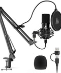 USB Condenser Microphone With Plug And Play 192kHz 24Bit Pro Sound Chipset Cardioid Pattern studio setup with accessories.