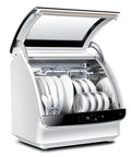 Slick Tabletop Dishwasher With Built In Water Tank And Clear Glass Front showcasing clean dishes in an efficient countertop design.