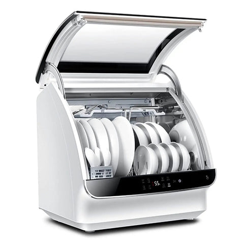 Slick Tabletop Dishwasher With Built In Water Tank And Clear Glass Front showcasing clean dishes in an efficient countertop design.